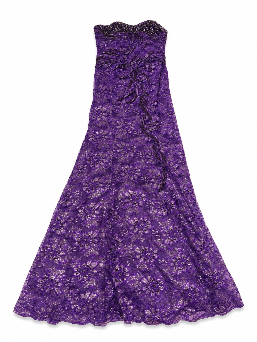 Elegant Strapless Purple Lace Evening Gown with Beaded Accents